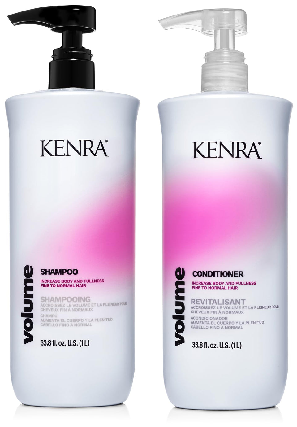 Kenra Volume Shampoo bottle close-up highlighting color-safe formula for fine hair.
