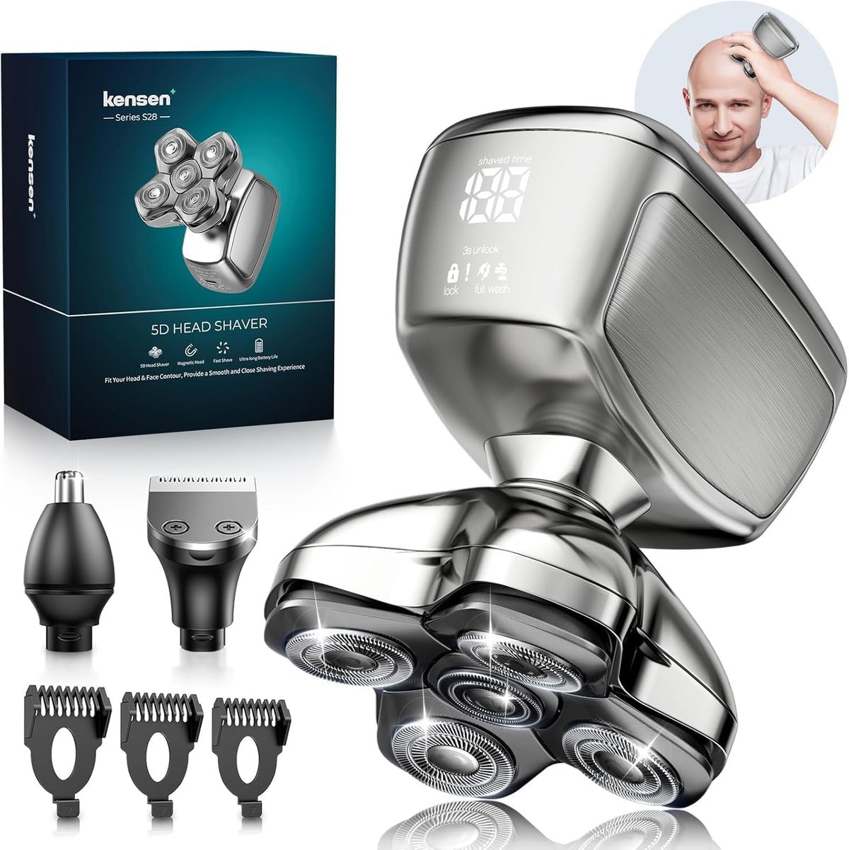 Kensen 6-in-1 head shaver with magnetic head for easy cleaning