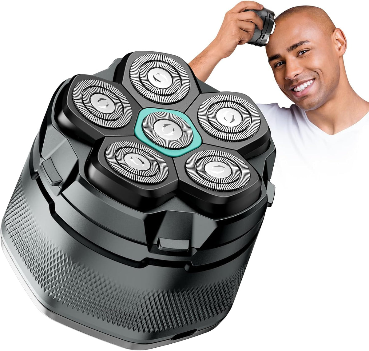 Kensen 6D head shaver close-up showing a smooth, irritation-free shave