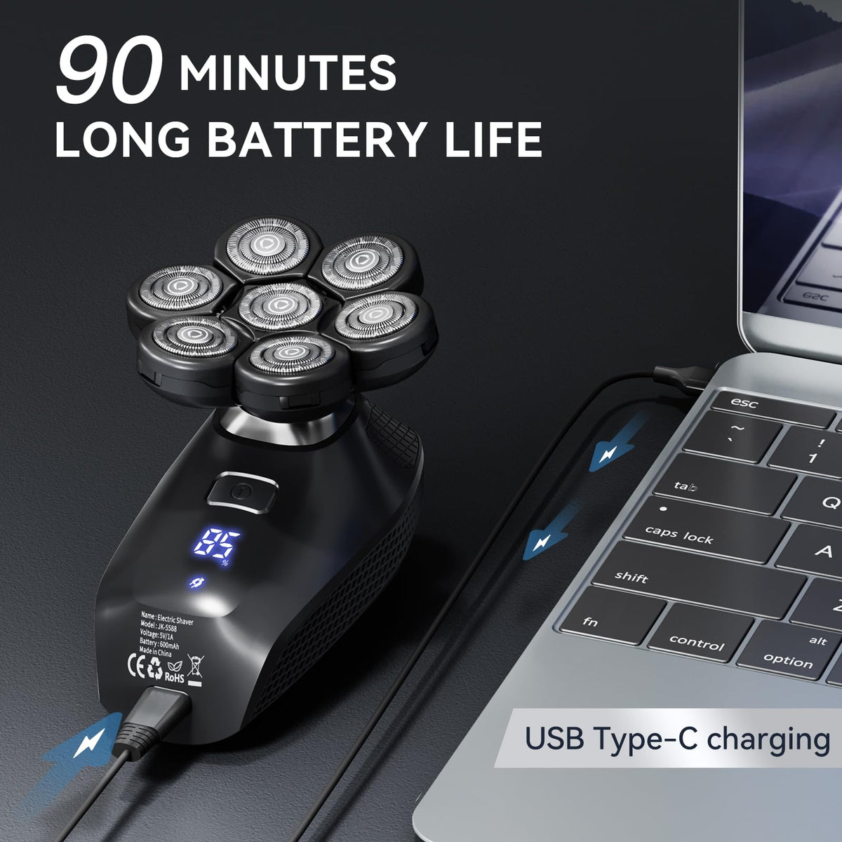Kensen 7D Head Shaver USB charging display keeps power in check.