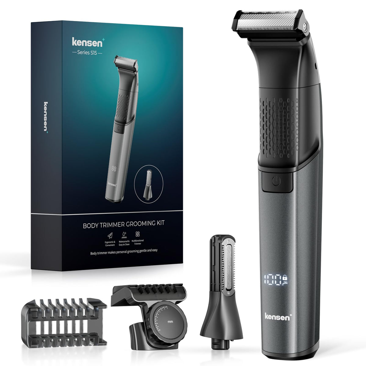 Kensen body hair trimmer with dual heads for face and body grooming.