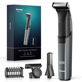 Kensen body hair trimmer with dual heads for face and body grooming.