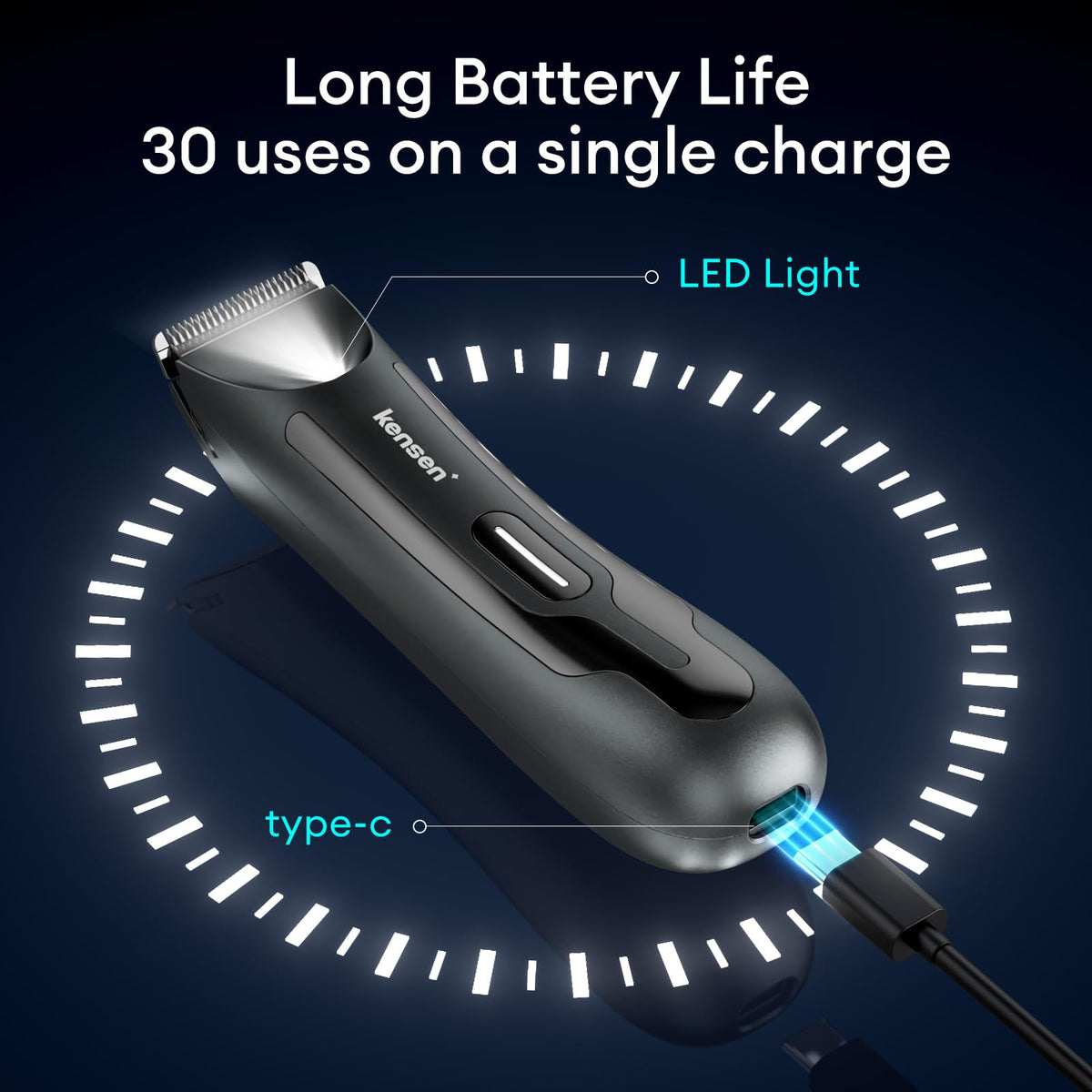 Kensen rechargeable battery offers cordless grooming convenience.