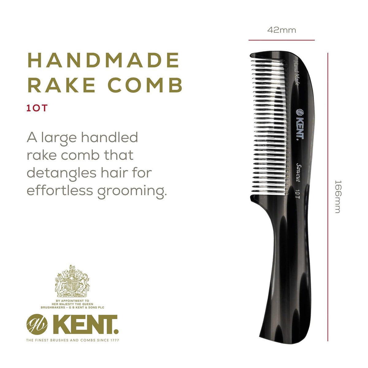 Kent 10T wide-tooth comb detangles wet or dry hair gently.