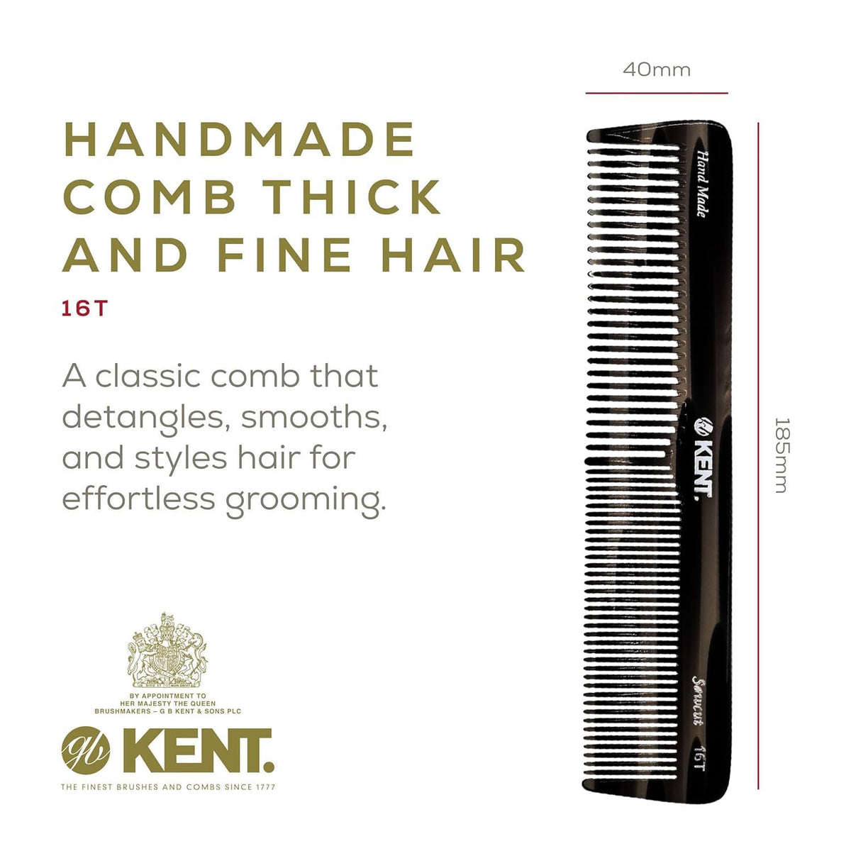Kent 16T wide-tooth detangler ideal for knot-prone hair during wet brushing