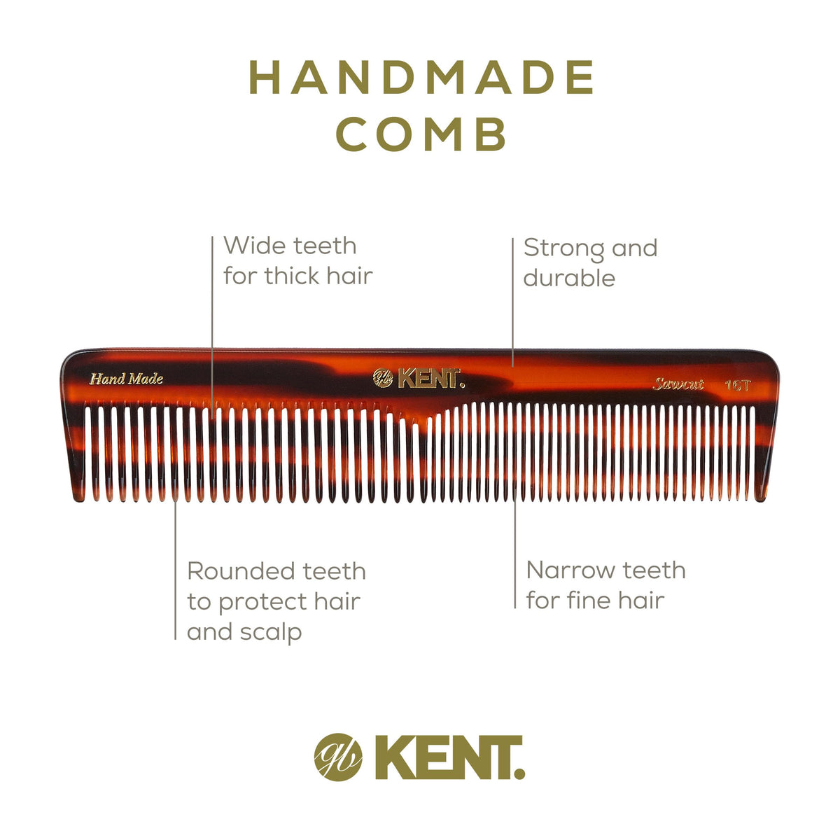 Kent 16T tortoise daily-use comb in bathroom for routine styling.