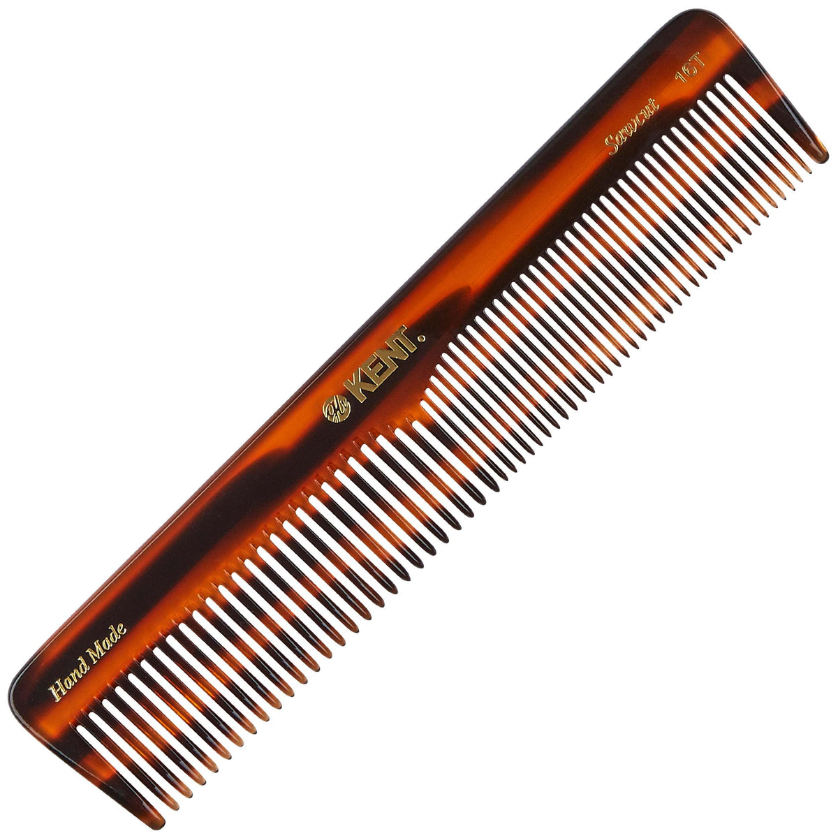 Kent 16T tortoise fine-tooth comb close-up for gentle detangling and smooth styling.
