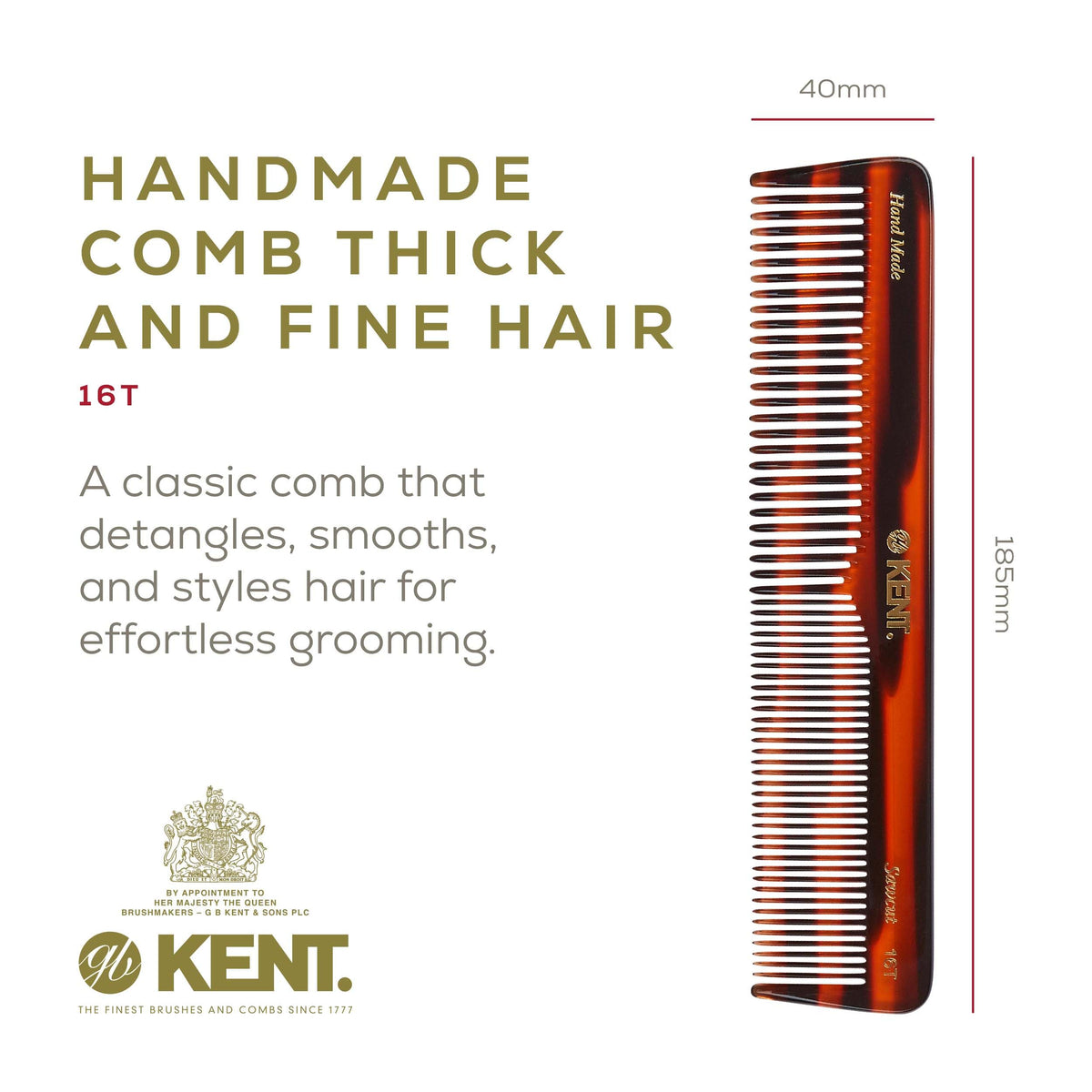 Kent 16T tortoise wide-tooth detangler close-up ideal for thick or curly hair.