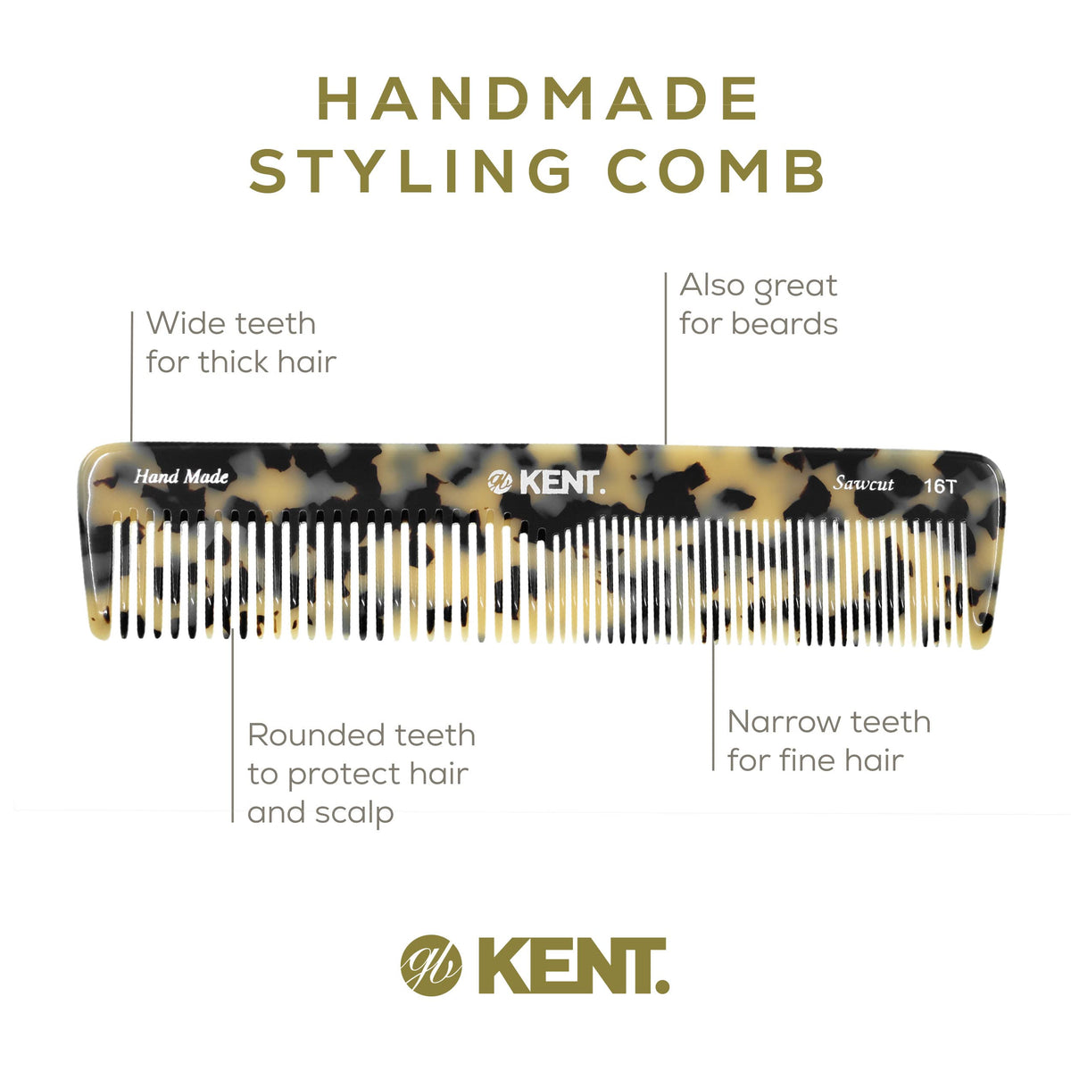 Kent 16T TW large dresser-size comb for comfortable daily use.