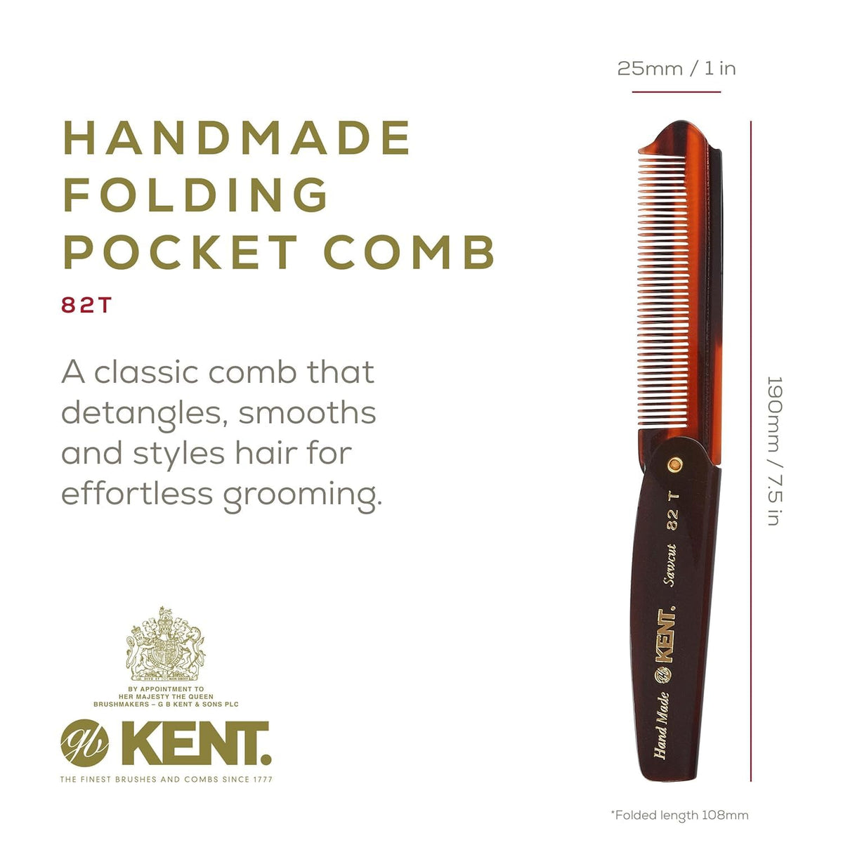 Kent 82T folding pocket comb folded for pocket carry, ideal for quick touch-ups.
