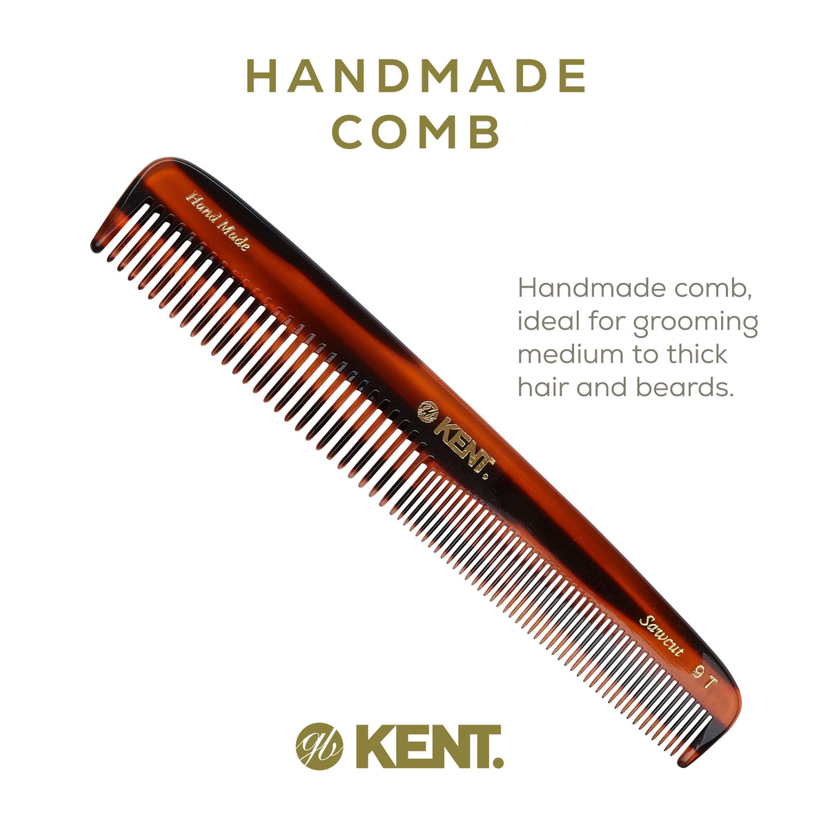Kent 9T tortoise comb handmade and saw-cut for smooth glide.