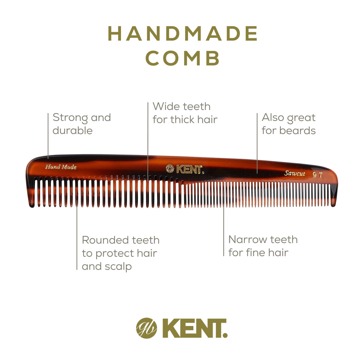 Small Kent 9T tortoise comb fits in your pocket for quick grooming.