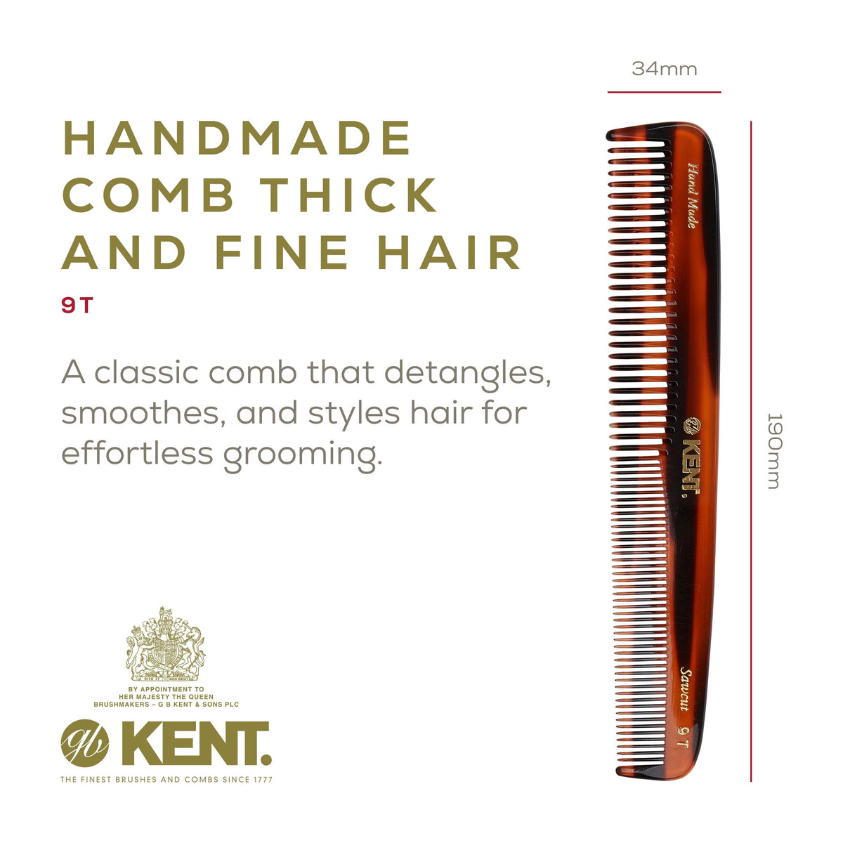 Kent 9T tortoise comb wide teeth ideal for thick or curly hair.