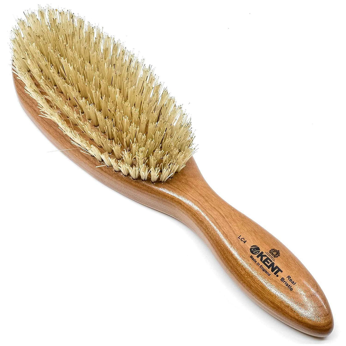 Kent LC4 Finest Detangler Brush close-up of cherrywood oval handle for smooth detangling.