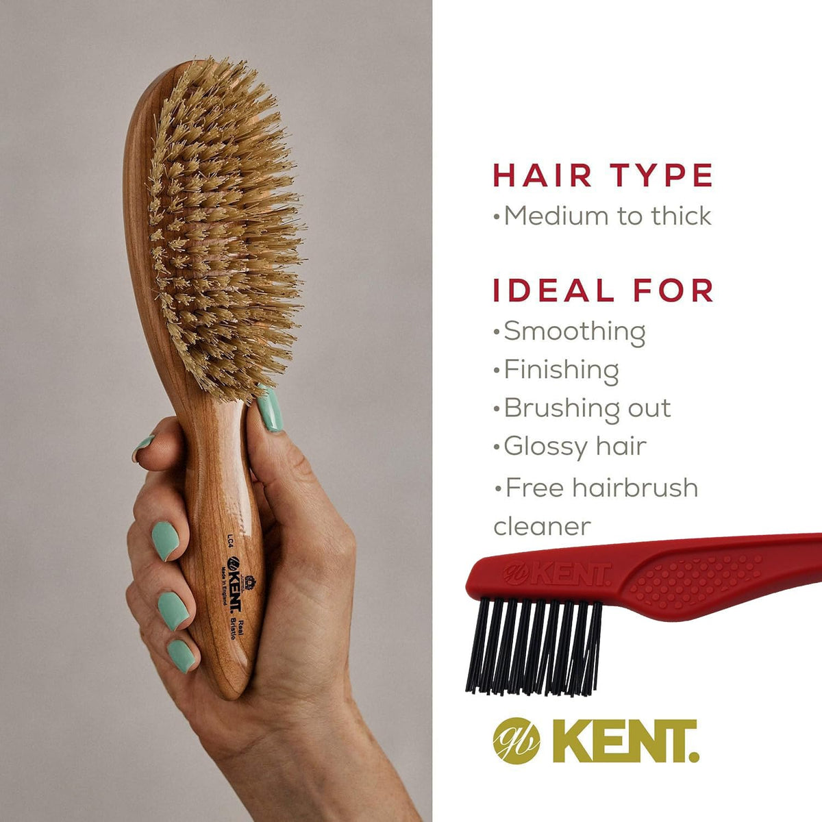 Kent LC4 Detangler Brush with natural boar bristles distributing scalp oils.