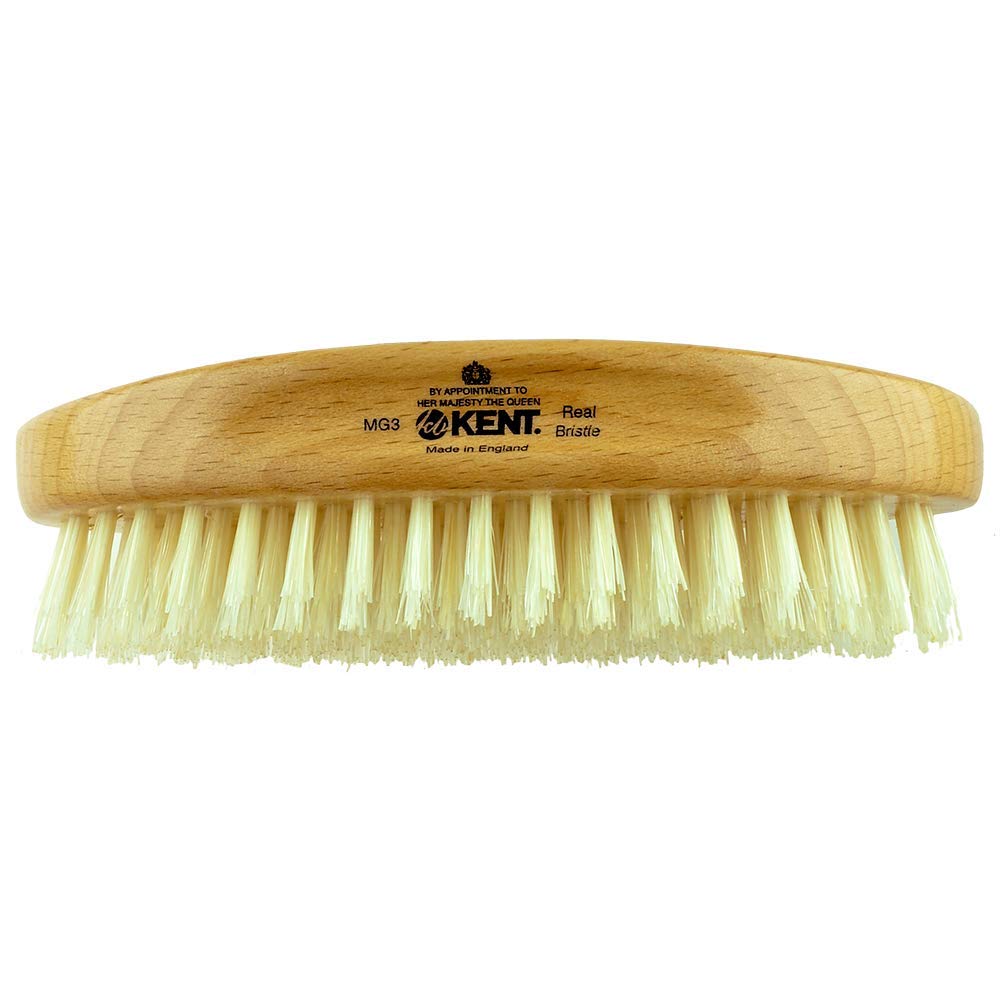 Kent MG3 Finest hair brush handle closeup on beechwood base