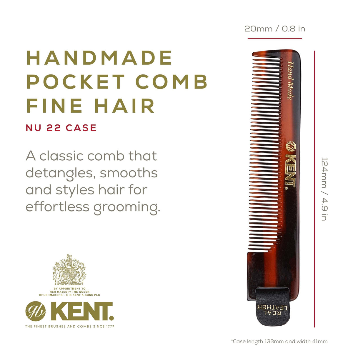 Kent NU22 hand-polished fine-tooth teeth for smooth detangling.
