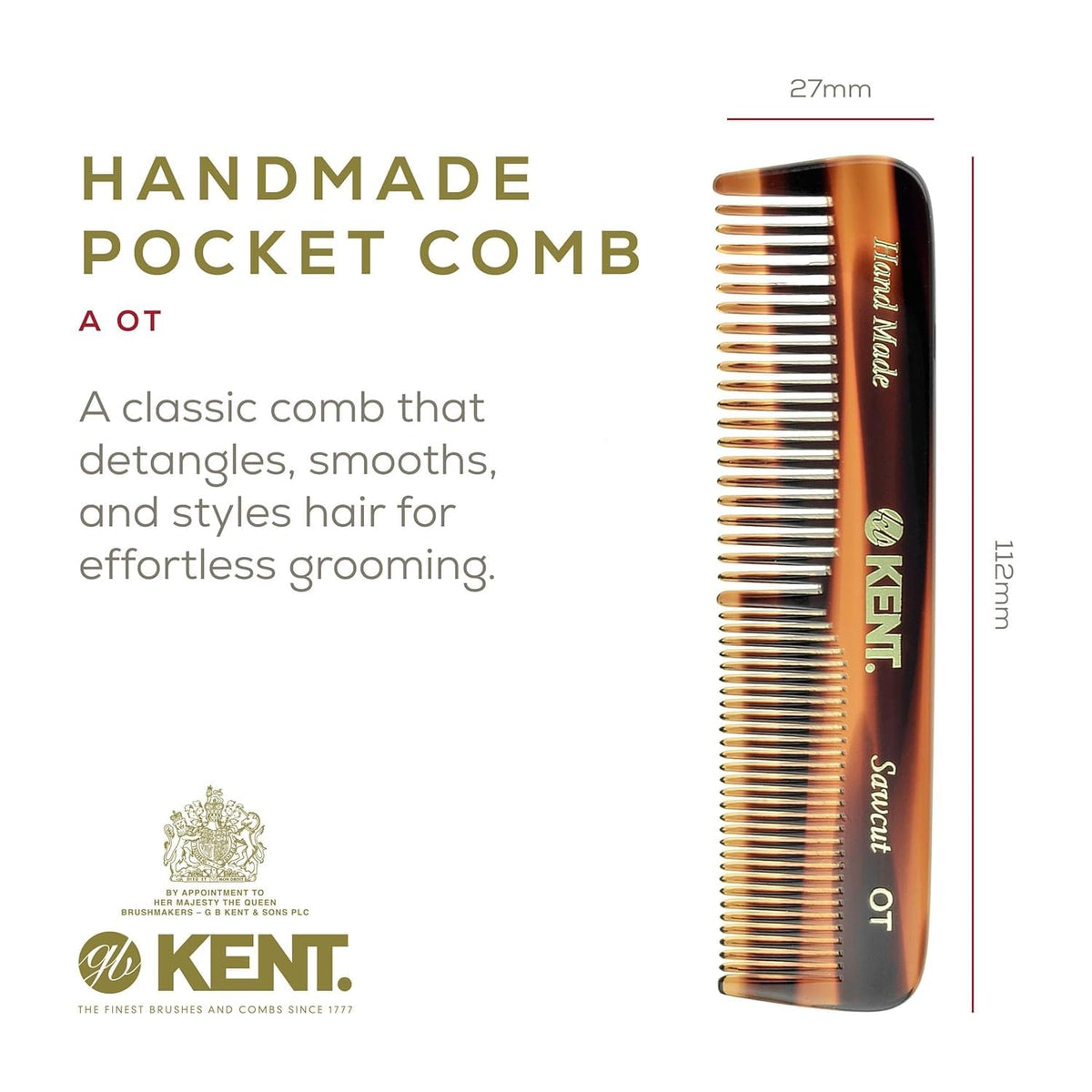 Kent OT Pocket Comb with wide teeth to ease knot removal in thicker hair