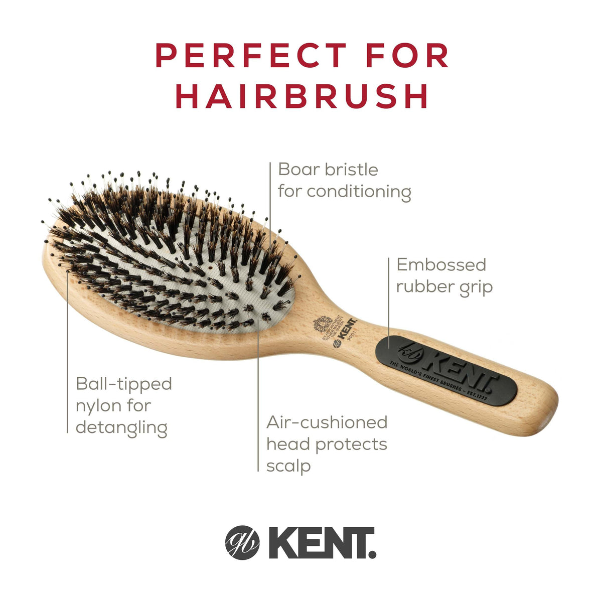 Kent PF01 bristle mix reaching longer hair for detangling.