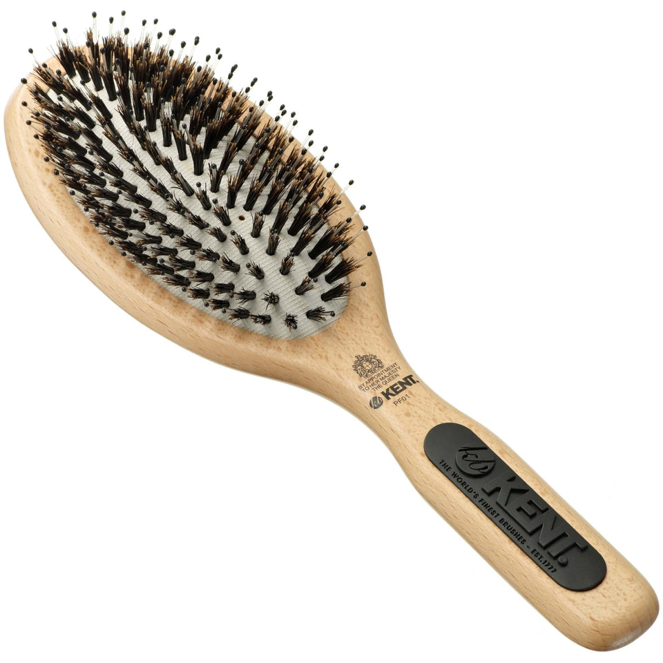 Kent PF01 detangler brush with oval wood paddle for smoothing medium to long hair.