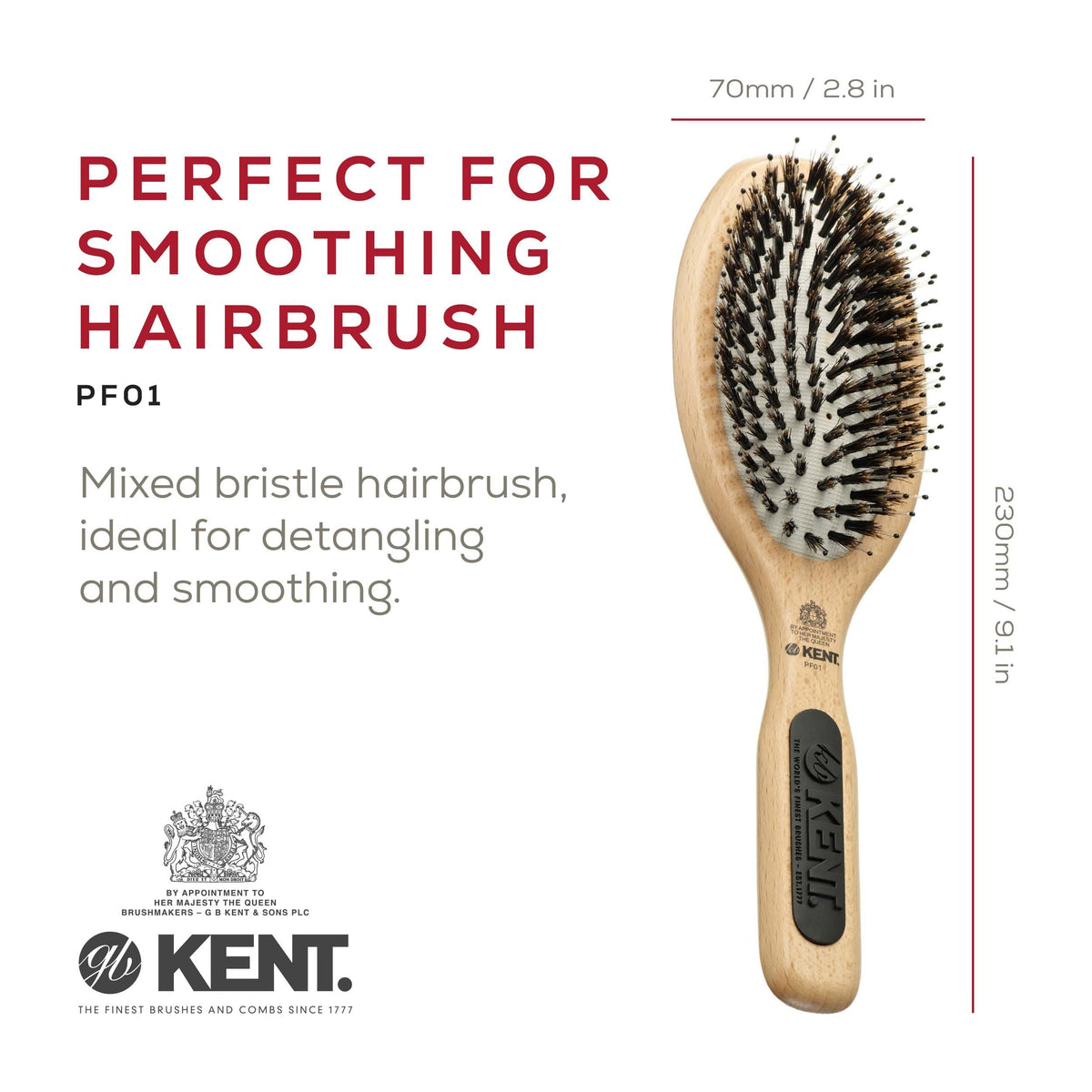 Close-up of Kent PF01 wood base and bristles for gentle detangling.
