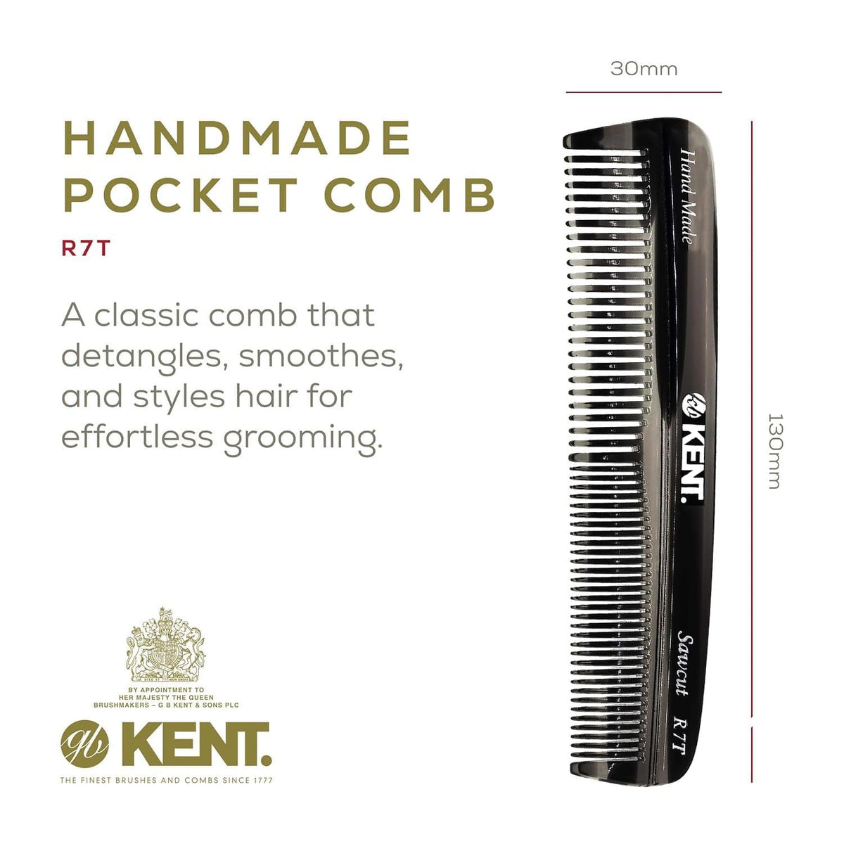 Close-up of Kent R7T handmade comb showing rounded teeth