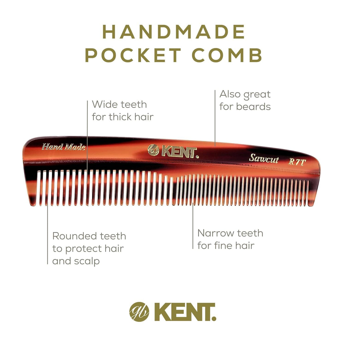 Saw-cut teeth detail on Kent R7T for snag-free detangling