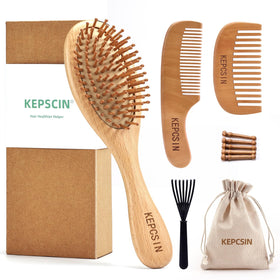 KEPCSIN paddle brush image shows gentle detangling on natural beech wood for smoother hair