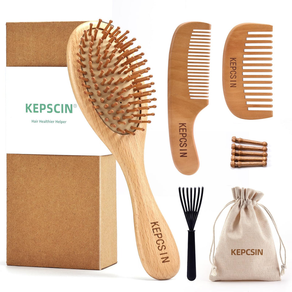 KEPCSIN paddle brush image shows gentle detangling on natural beech wood for smoother hair