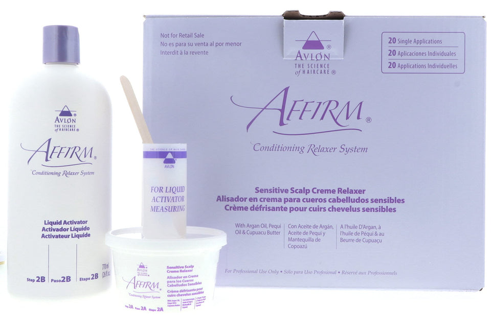 KeraCare Avlon Affirm Sensitive Scalp Kit packaging showing four-step system for gentle, comfortable use.
