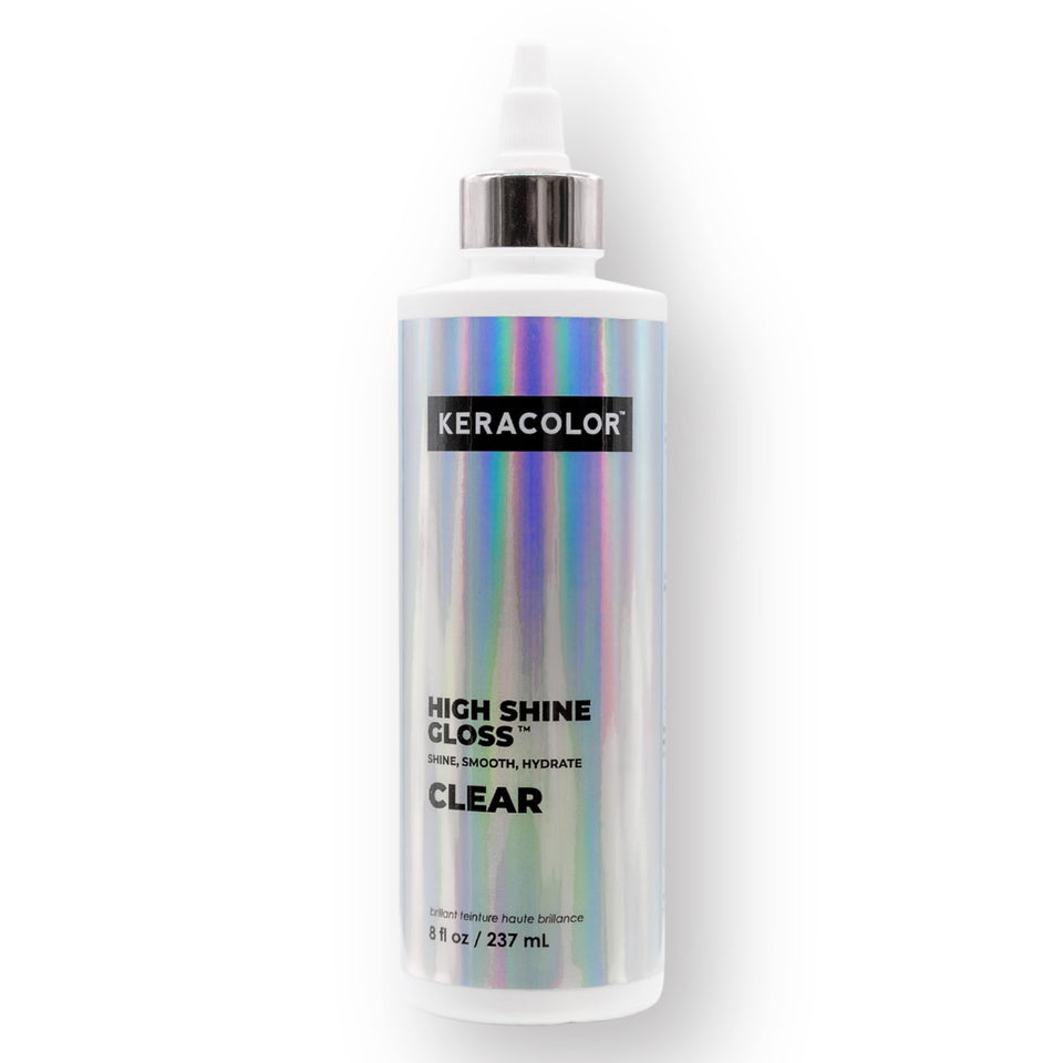 Keracolor High Shine Clear Hair Gloss bottle showing crystal-clear glow for smooth hair.