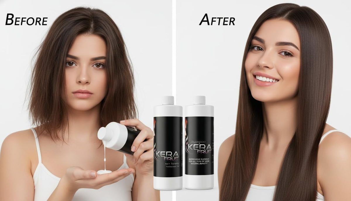 Kerafruit Frizz-Control visual showing smoother, controlled hair shine.