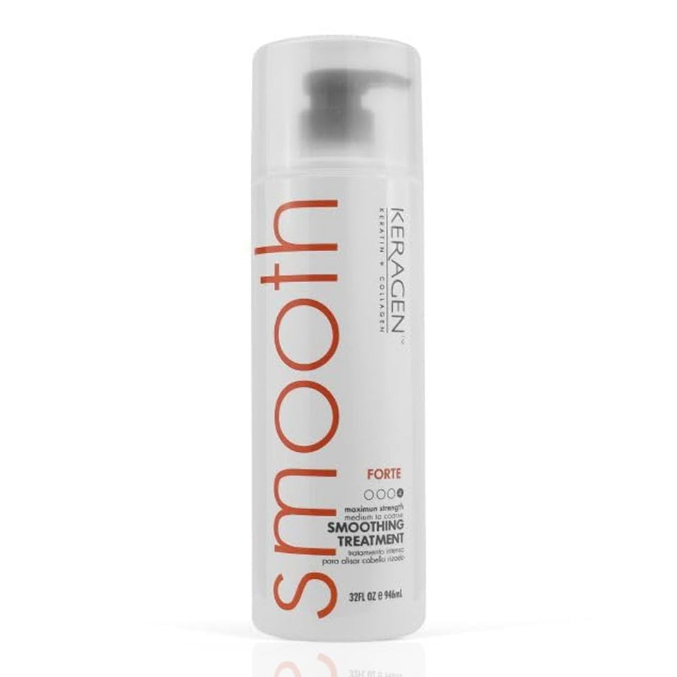 KERAGEN FORTE bottle label close-up highlighting the professional smoothing formula