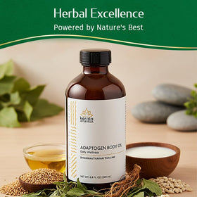 Kerala Ayurveda Dhanwantharam Thailam being poured for easy application and skin hydration.