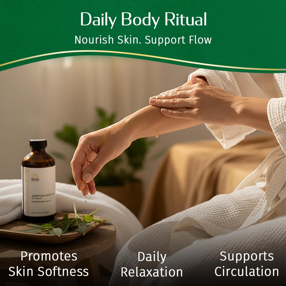 Kerala Ayurveda Dhanwantharam Thailam close-up of herbs highlights 28 Ayurvedic ingredients for full-body nourishment.