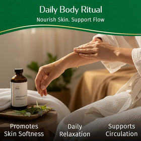 Kerala Ayurveda Dhanwantharam Thailam close-up of herbs highlights 28 Ayurvedic ingredients for full-body nourishment.