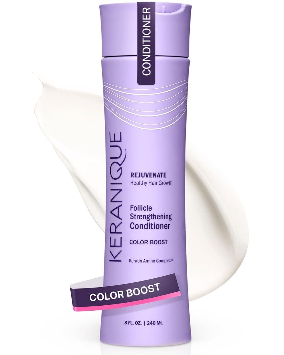 Keranique conditioner bottle highlighting color protection for color-treated hair