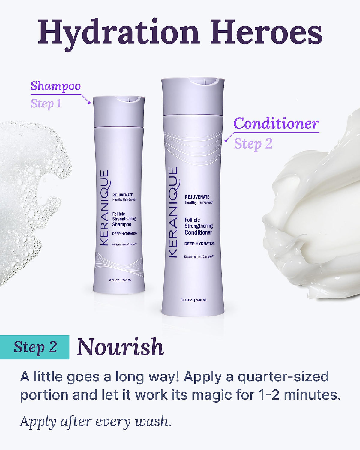 Bottle beside volume-boost visual cue for fuller-looking hair.