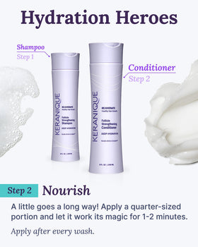 Bottle beside volume-boost visual cue for fuller-looking hair.