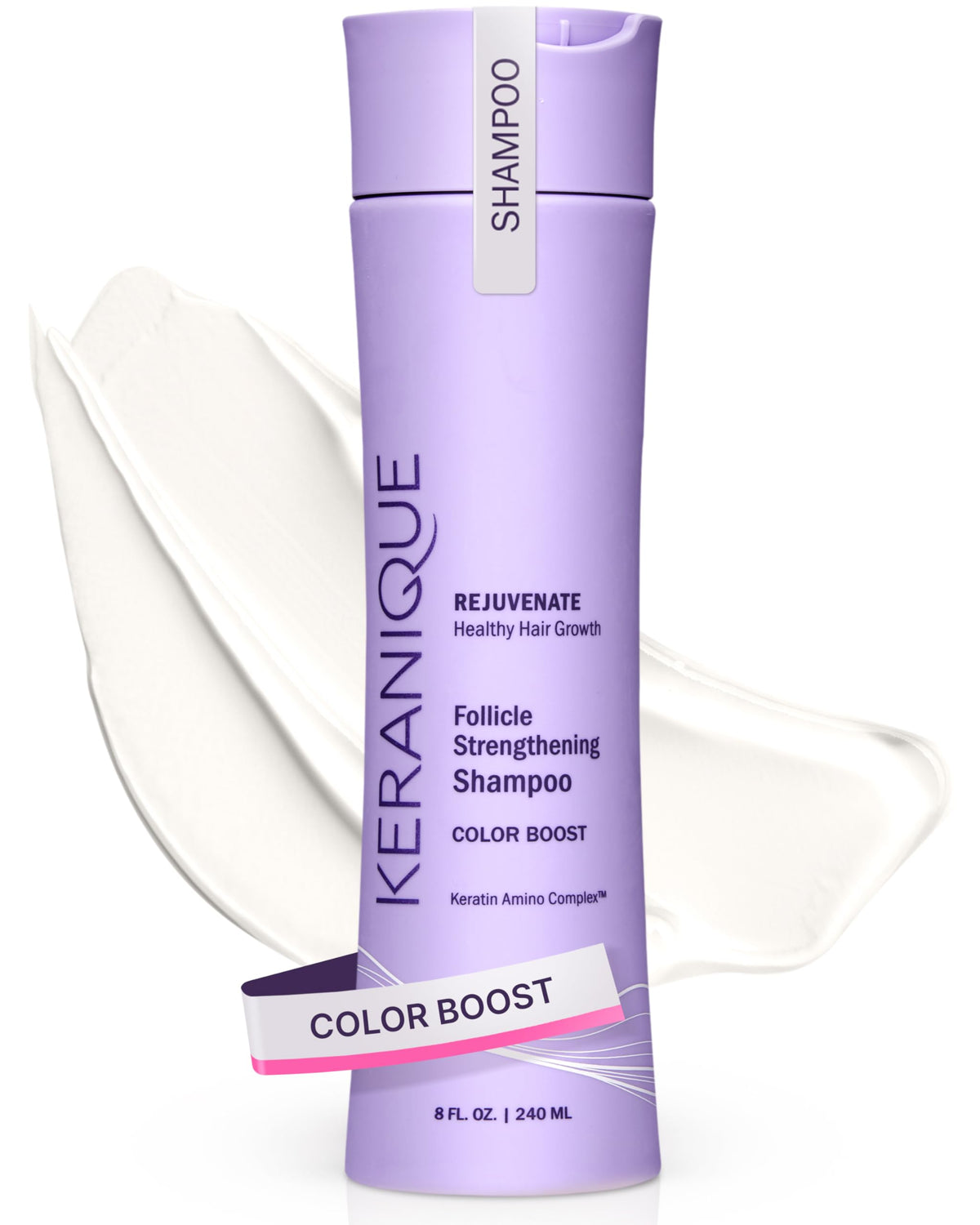 Keranique Color Boost Shampoo bottle highlights color-safe protection for treated hair.