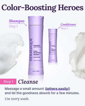 Keranique Color Boost Shampoo creamy formula provides moisturizing care for dry color-treated hair.