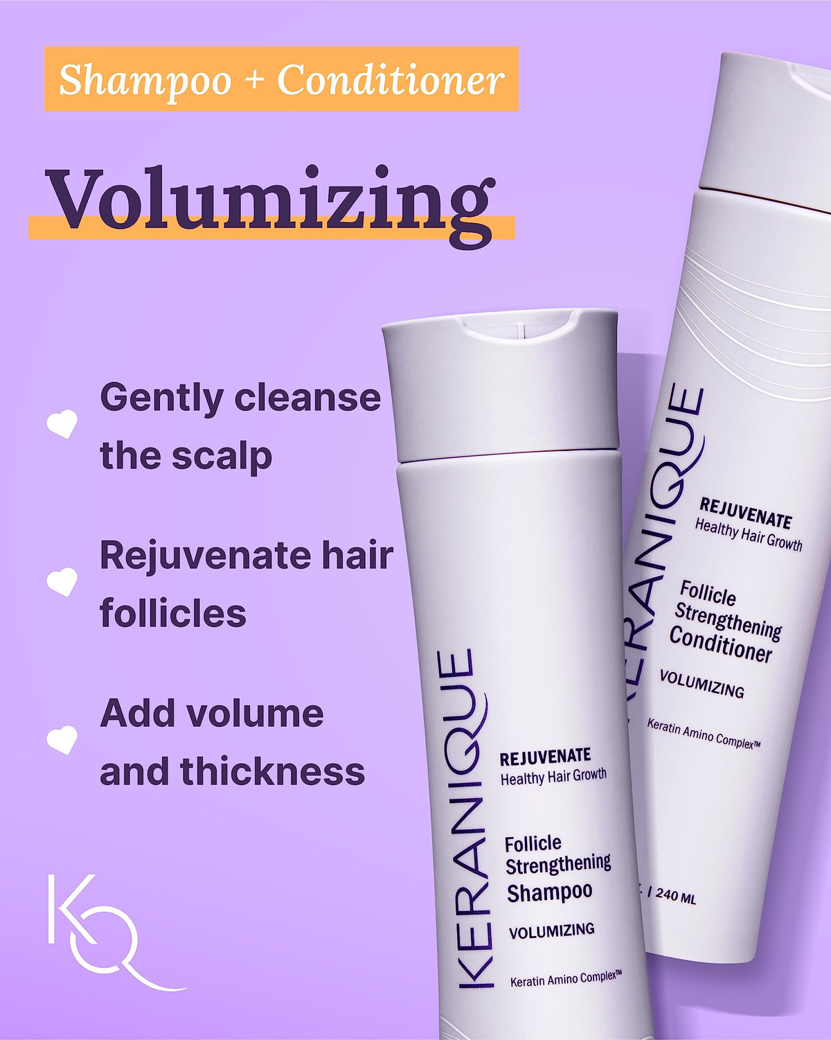 Keranique conditioner label closeup emphasizes detangling and smoothness.