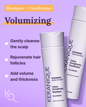 Keranique conditioner label closeup emphasizes detangling and smoothness.