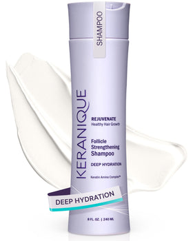 Keranique Deep Hydration Shampoo bottle demonstrates a nourishing formula for dry, thinning hair.