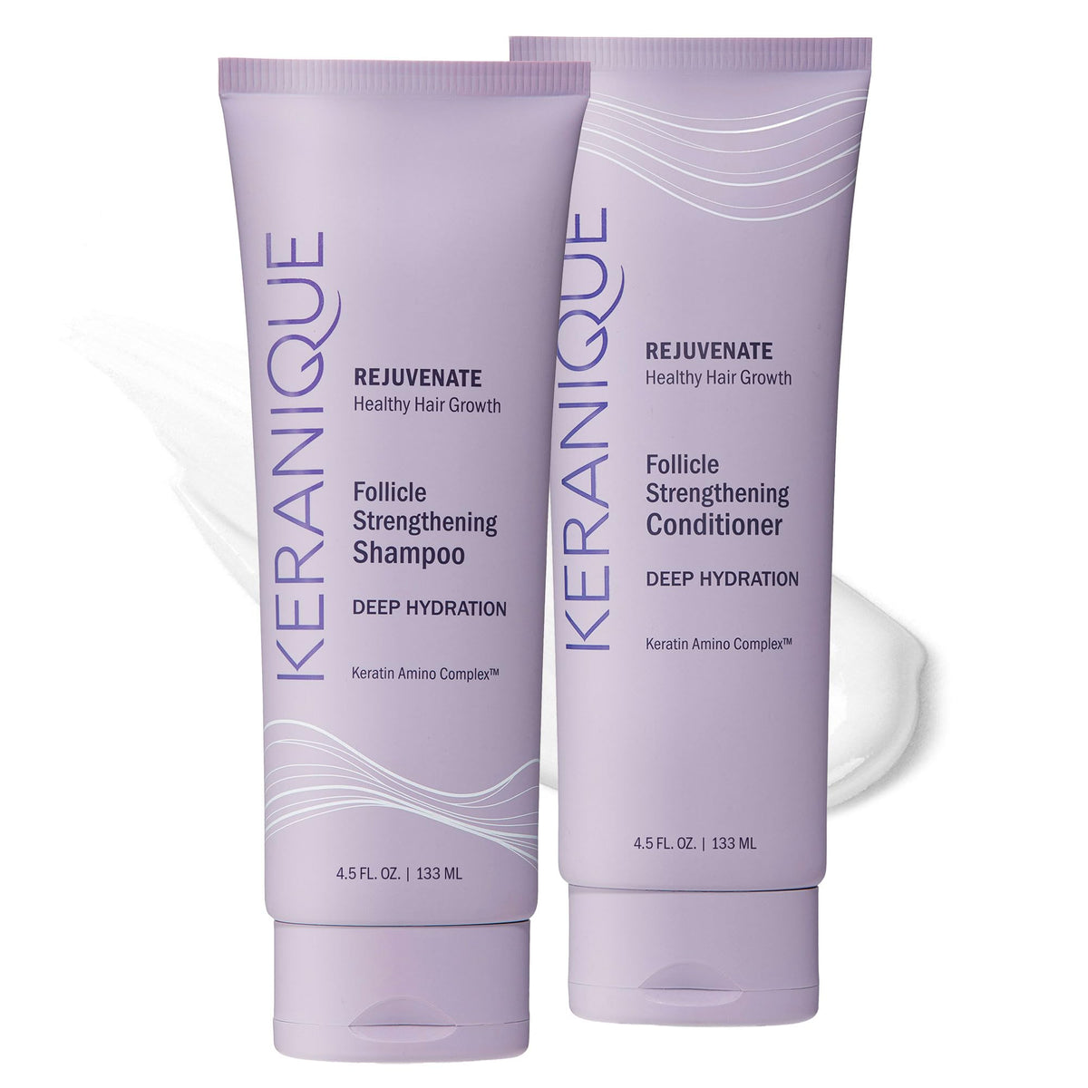 Keranique deep hydration shampoo bottle close-up showing moisturized hair benefits