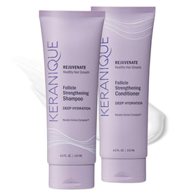 Keranique deep hydration shampoo bottle close-up showing moisturized hair benefits