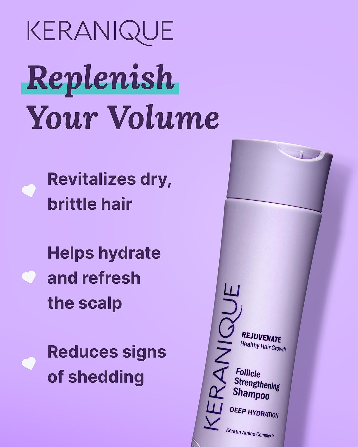 Keranique Deep Hydration Shampoo hair strands highlight strengthened, more manageable hair.