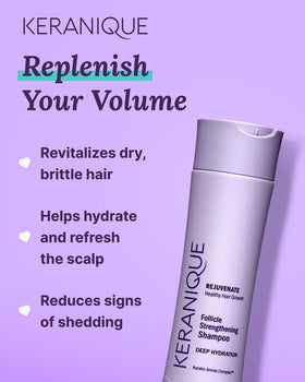 Keranique Deep Hydration Shampoo hair strands highlight strengthened, more manageable hair.