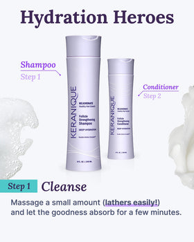 Keranique Deep Hydration Shampoo ingredients panel highlights keratin, biotin, and niacinamide.