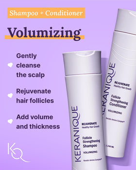Keranique follicle booster serum bottle illustrating root nourishment for fuller-looking hair